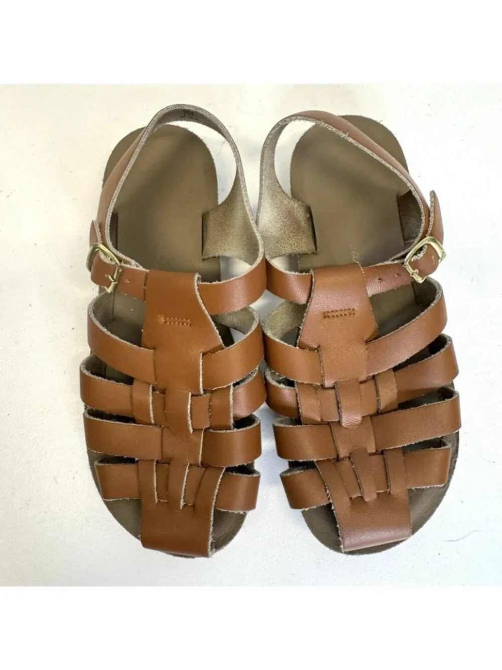 Saltwater Sun-San Sailor Woven Brown Leather Sandals Unisex Big Kids Size 3